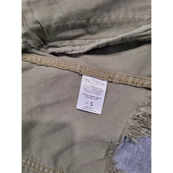 EUC Hidden Los Angeles Olive Green Distressed Cropped Denim Jacket With Raw Hem/ - Picture 8 of 9